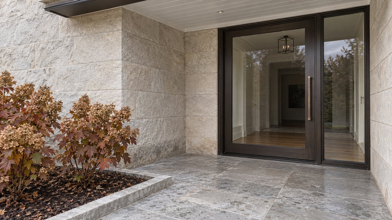 Covered home entrance with limestone walls, a bronze-framed glass door and autumn oakleaf hydrangeas beside the stone landing.
