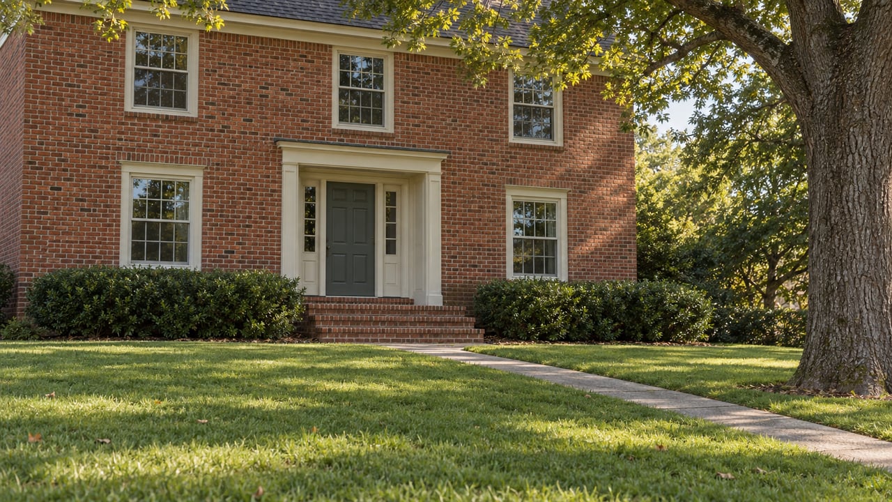 Two-story red-brick house with cream trim, a long sloping lawn, and a mature oak at the right.