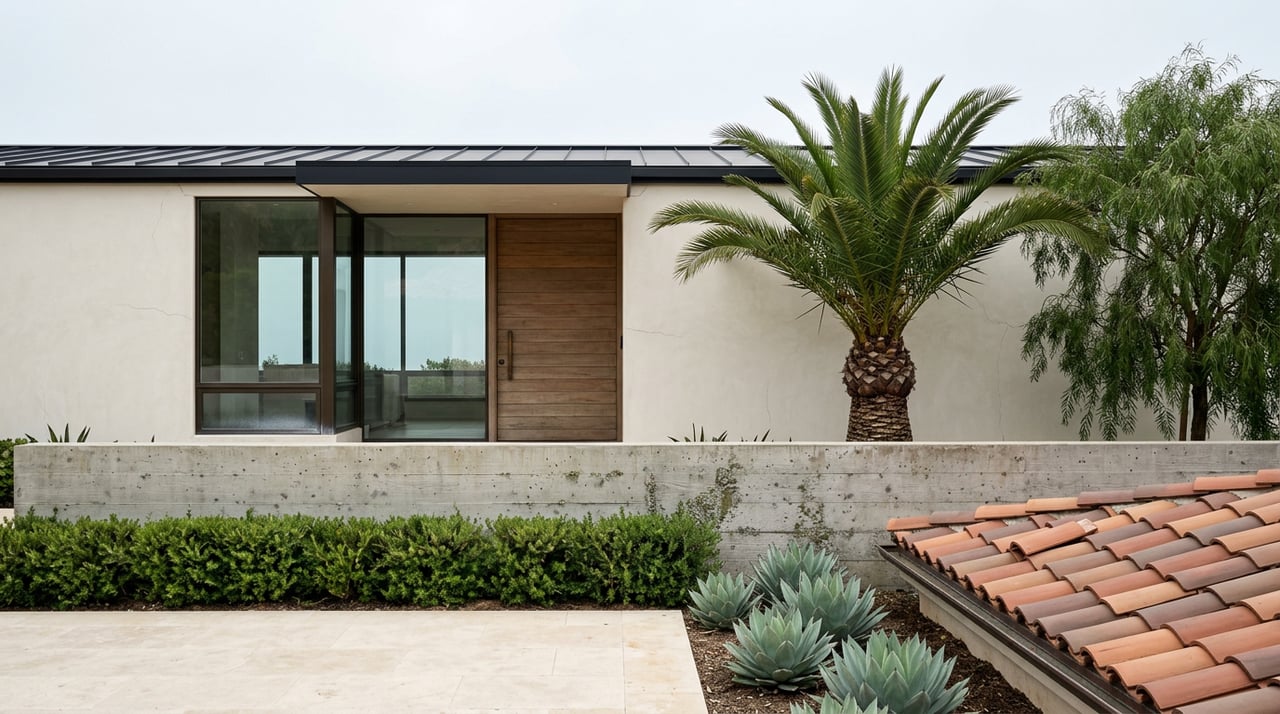 Contemporary coastal house with a double-height glass facade, textured concrete wall, palm, and blue-green agaves.