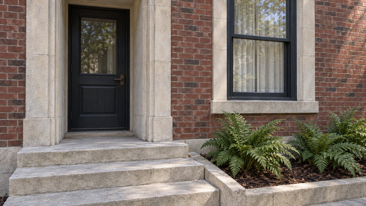 Red-brick residential entrance with pale limestone steps, a dark glazed timber door, and three ferns in a bordered planting bed.