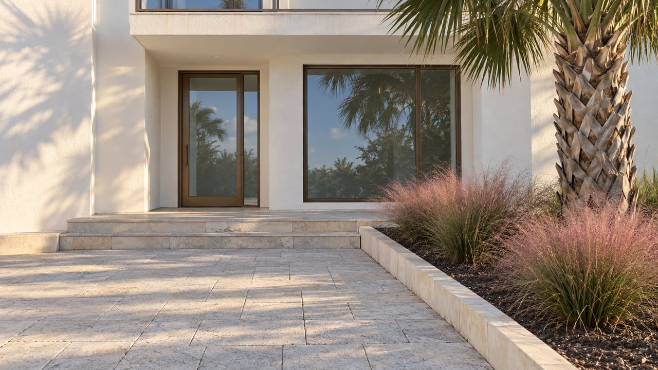 White stucco building entrance with bronze-framed glass, raised limestone-edged landing, pale paver path, and palmetto.
