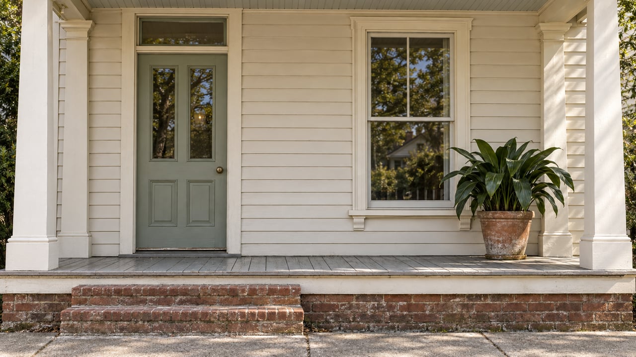Ivory timber home with a muted green glazed door, tall sash window, raised porch and worn brick steps.