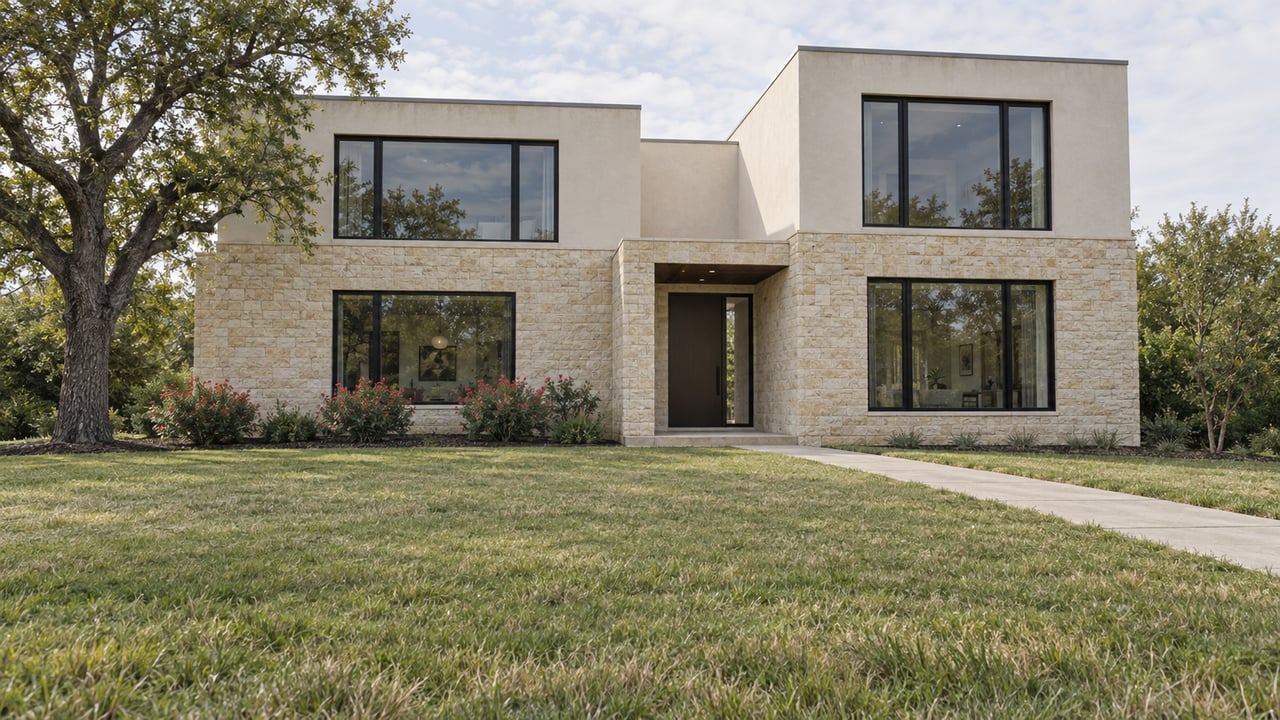 Contemporary two-story home with pale masonry, black-framed windows and a deep lawn beneath a mature oak.