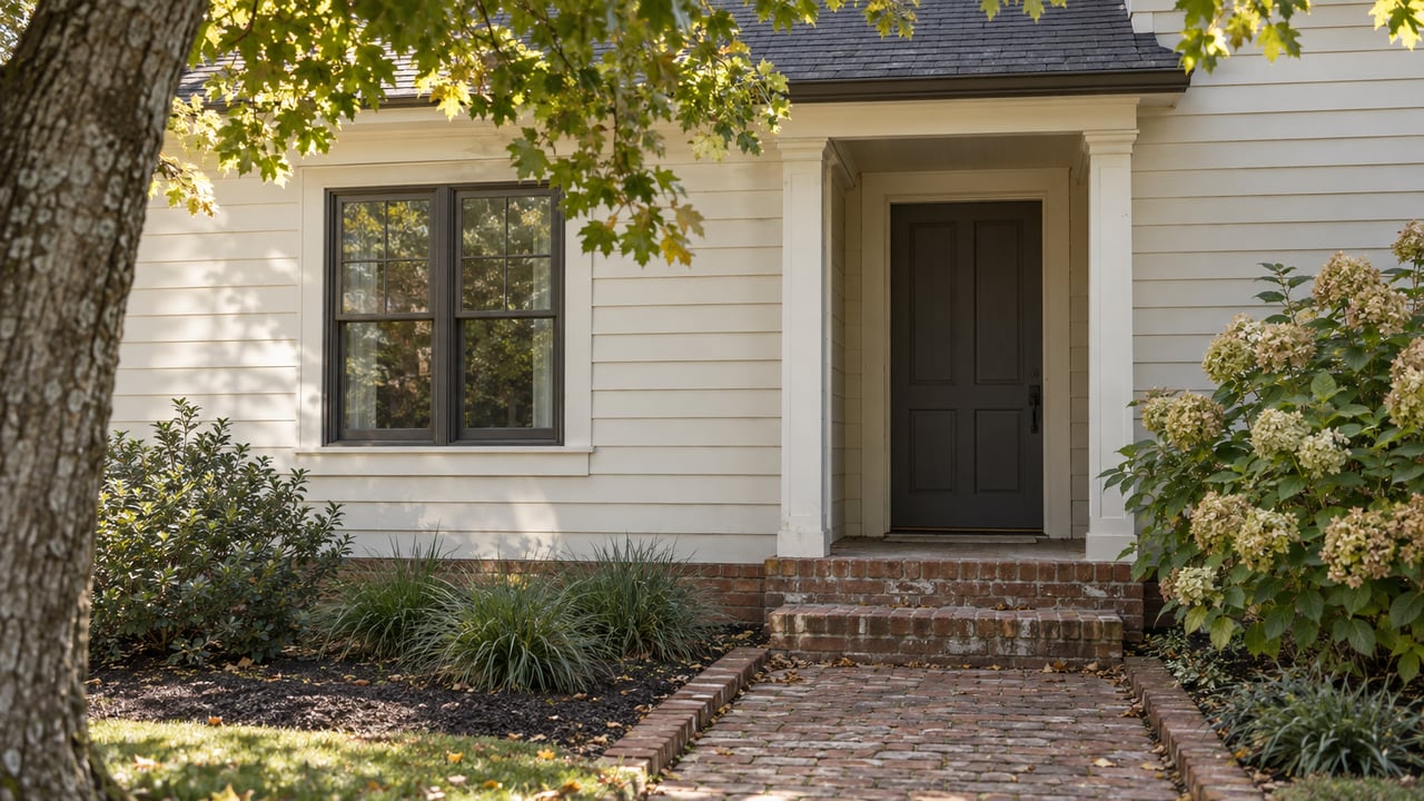 Detached house entry with off-white siding, charcoal door, brick steps, and cream hydrangea blooms beneath an oak canopy.