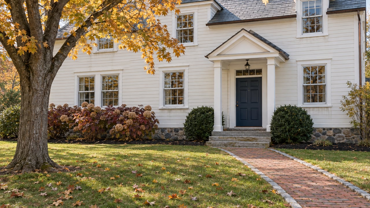 Ivory clapboard house with a blue front door, granite steps and a brick walk across an autumn lawn beneath a golden maple.