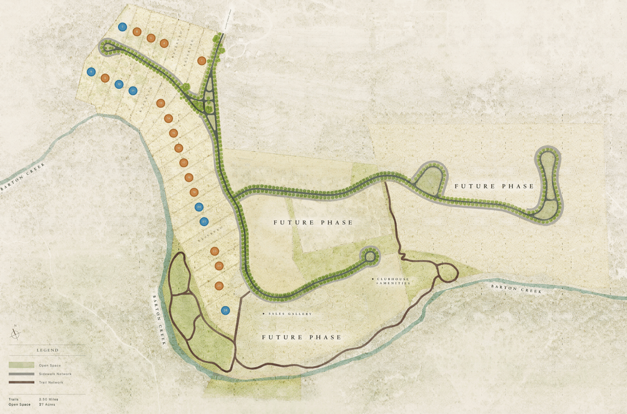 Lunaroya development map showing numbered lots, future phases, trails, and open space along Barton Creek.