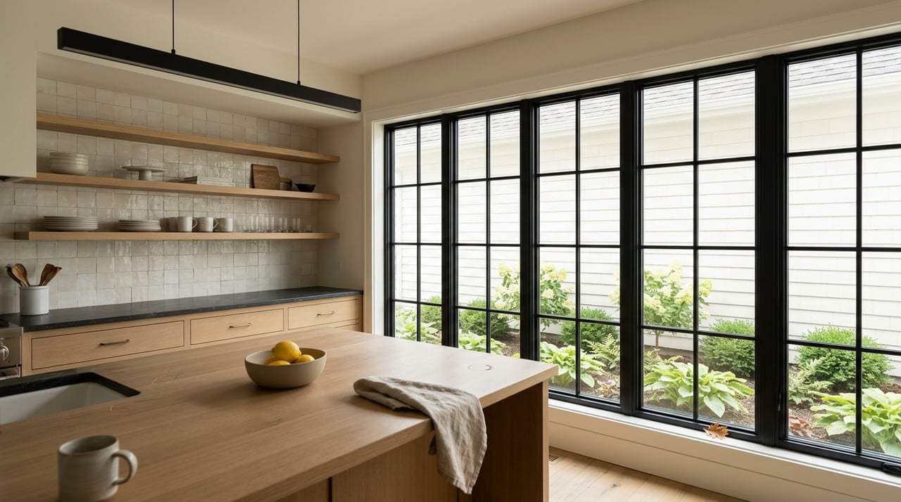 Oak kitchen island with a bowl of lemons, open shelving, and black casement windows overlooking a planted garden.