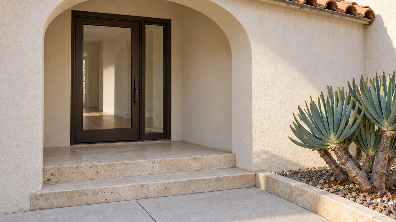 Morning light on an ivory stucco arched entry, bronze-framed glass door, limestone steps, and a sculptural fan aloe.