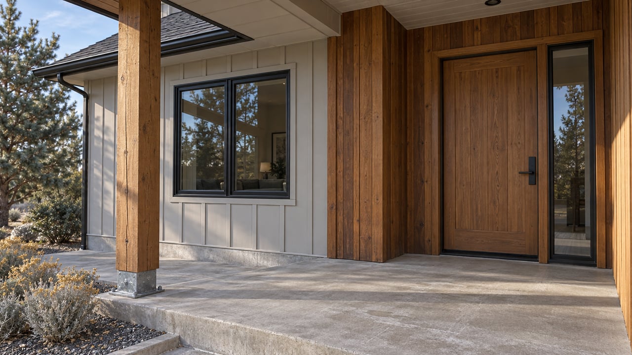 Autumn light across a cedar-clad home entry, black-framed windows and a concrete covered porch.
