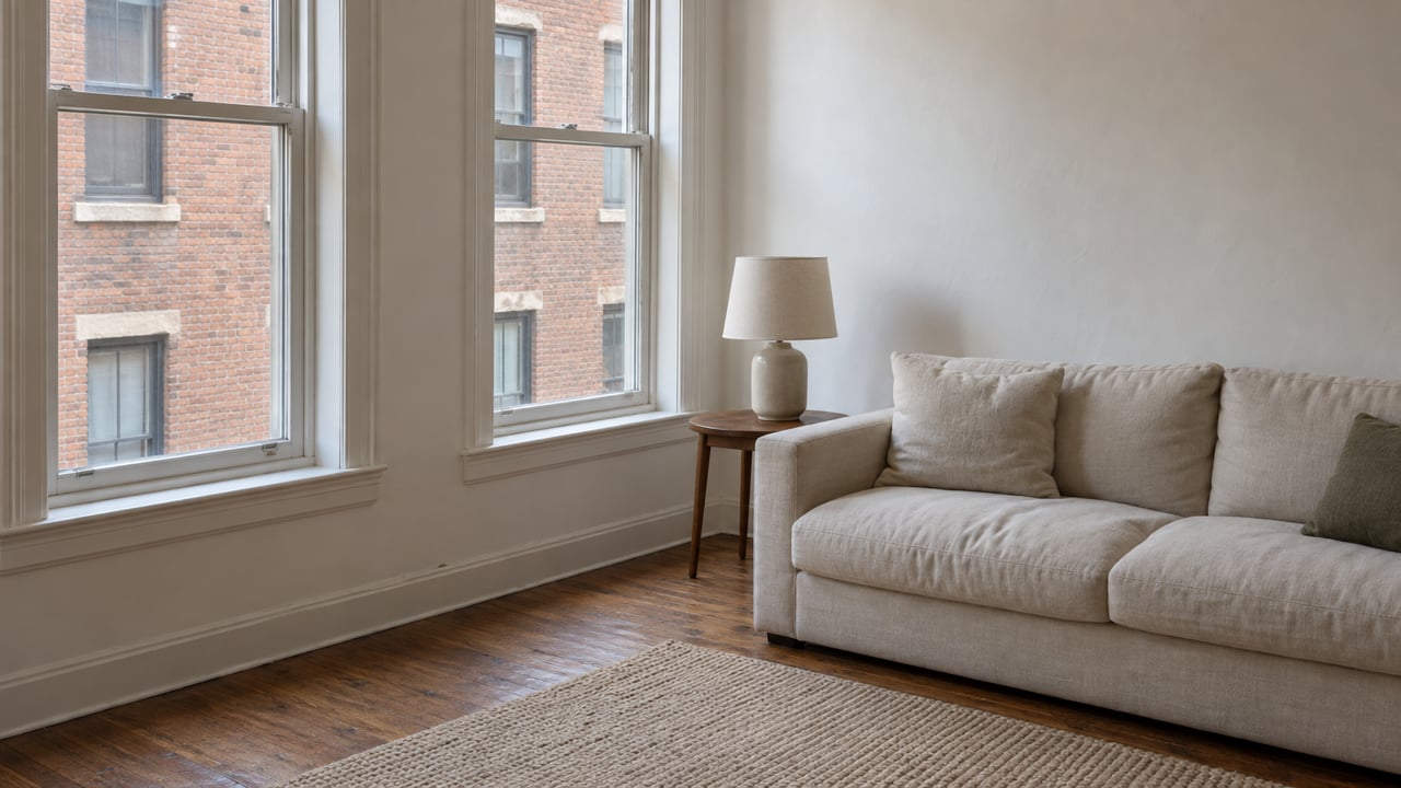 Living room with a cream sofa, oak floor, and two tall windows facing a nearby brick wall.