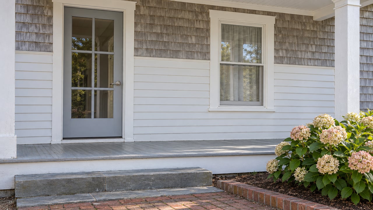Close view of a sunlit covered porch with white clapboard, weathered cedar shingles, a glazed wood door, and hydrangea beside bluestone steps.