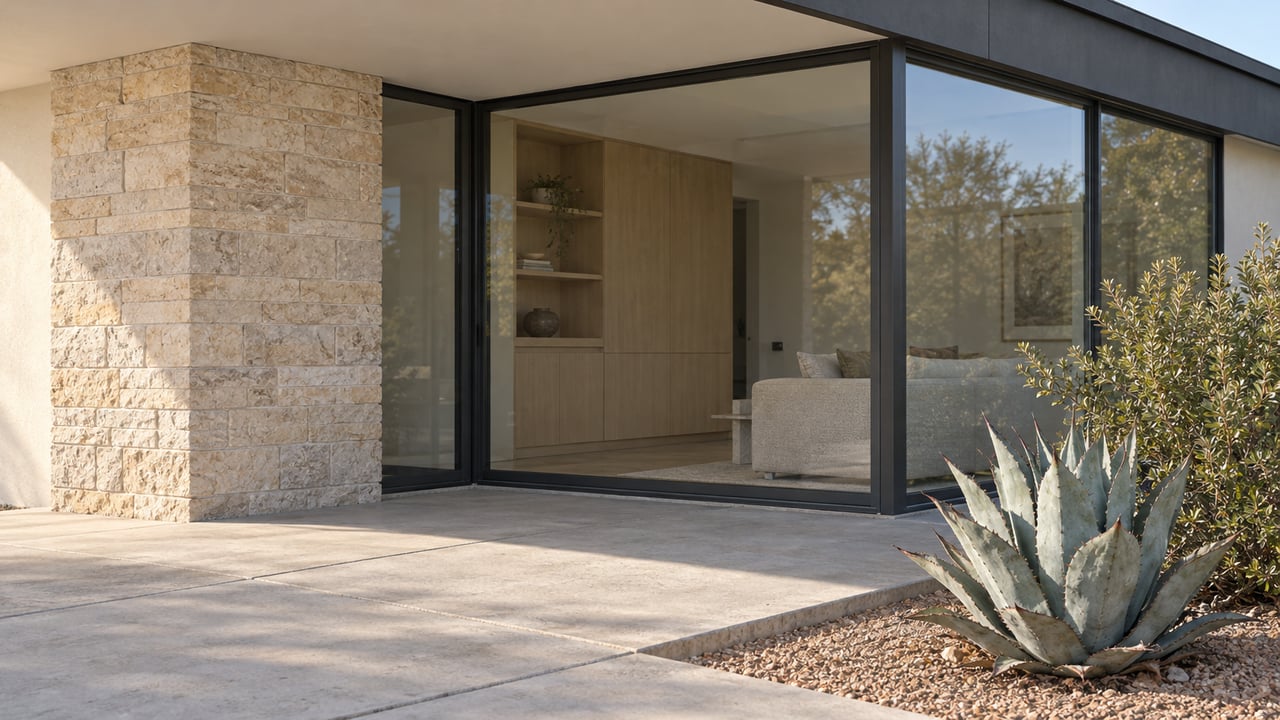 Morning light on a limestone pier, closed charcoal-framed glass doors and a concrete patio edged by gravel with a sculptural agave.