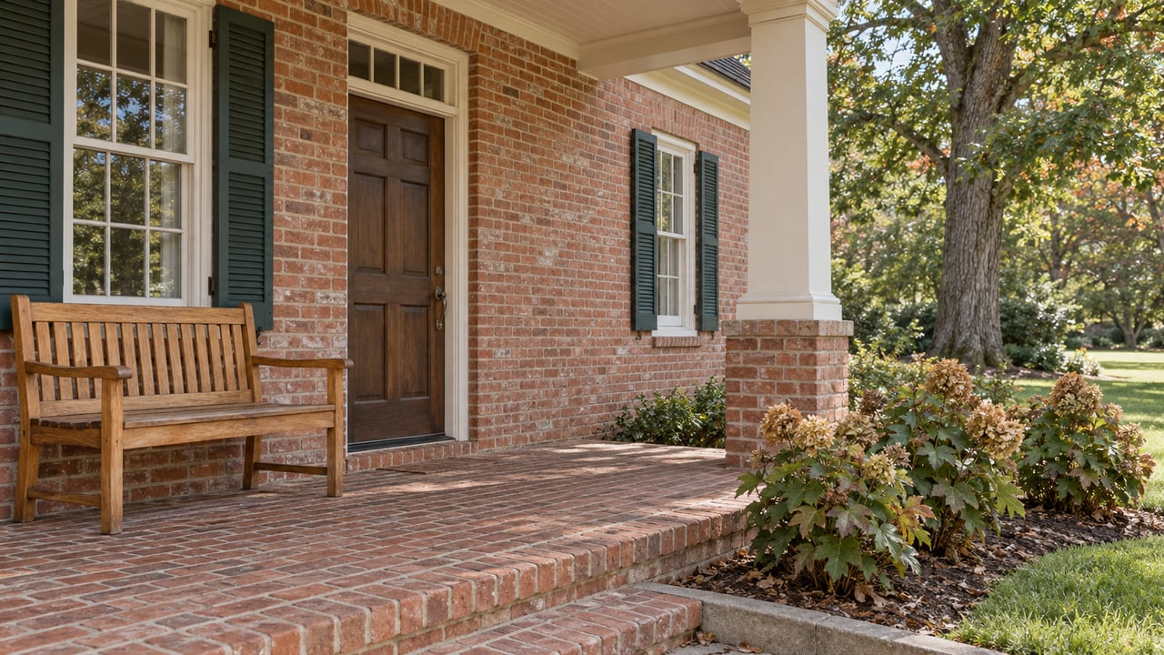 Covered brick front porch with a walnut-colored door, shuttered window, oak bench and oakleaf hydrangeas beside a broad shaded lawn.