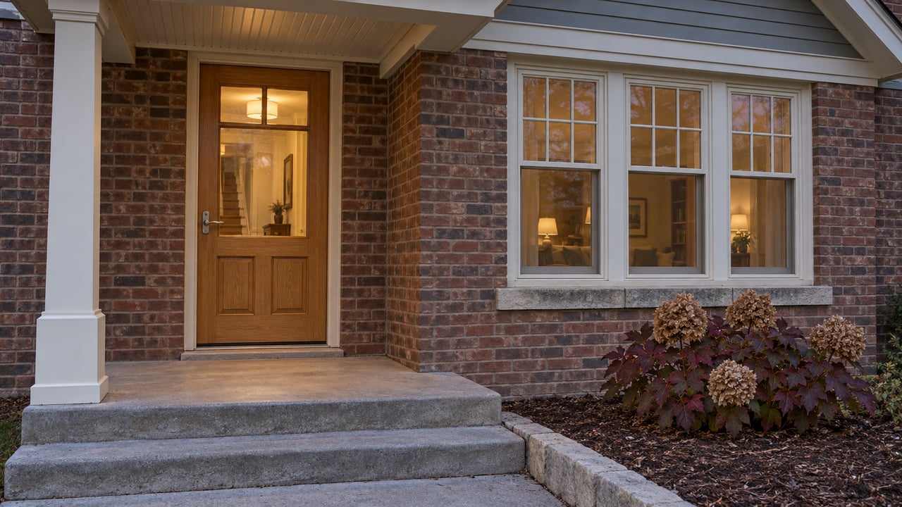 Brick home entry at blue hour with an oak door, divided-light bay windows, limestone details and burgundy oakleaf hydrangea.