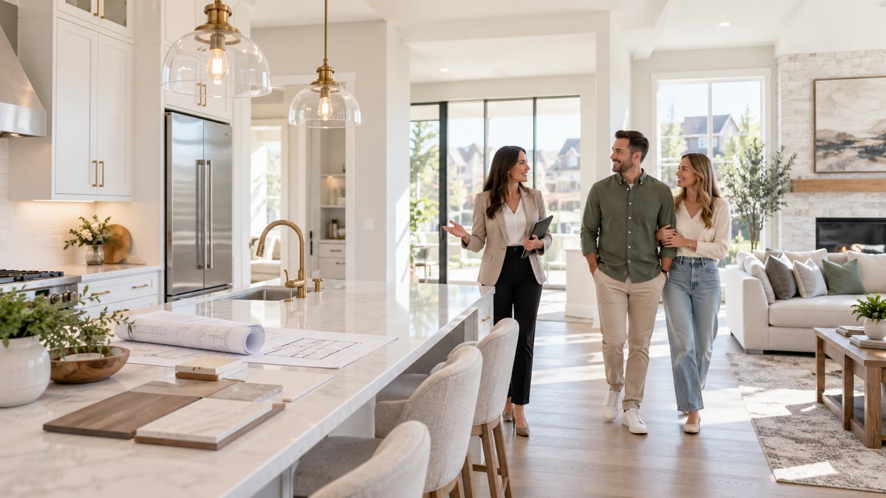 Real estate agent showing buyers a bright new construction home with design plans and finish samples on the kitchen island.