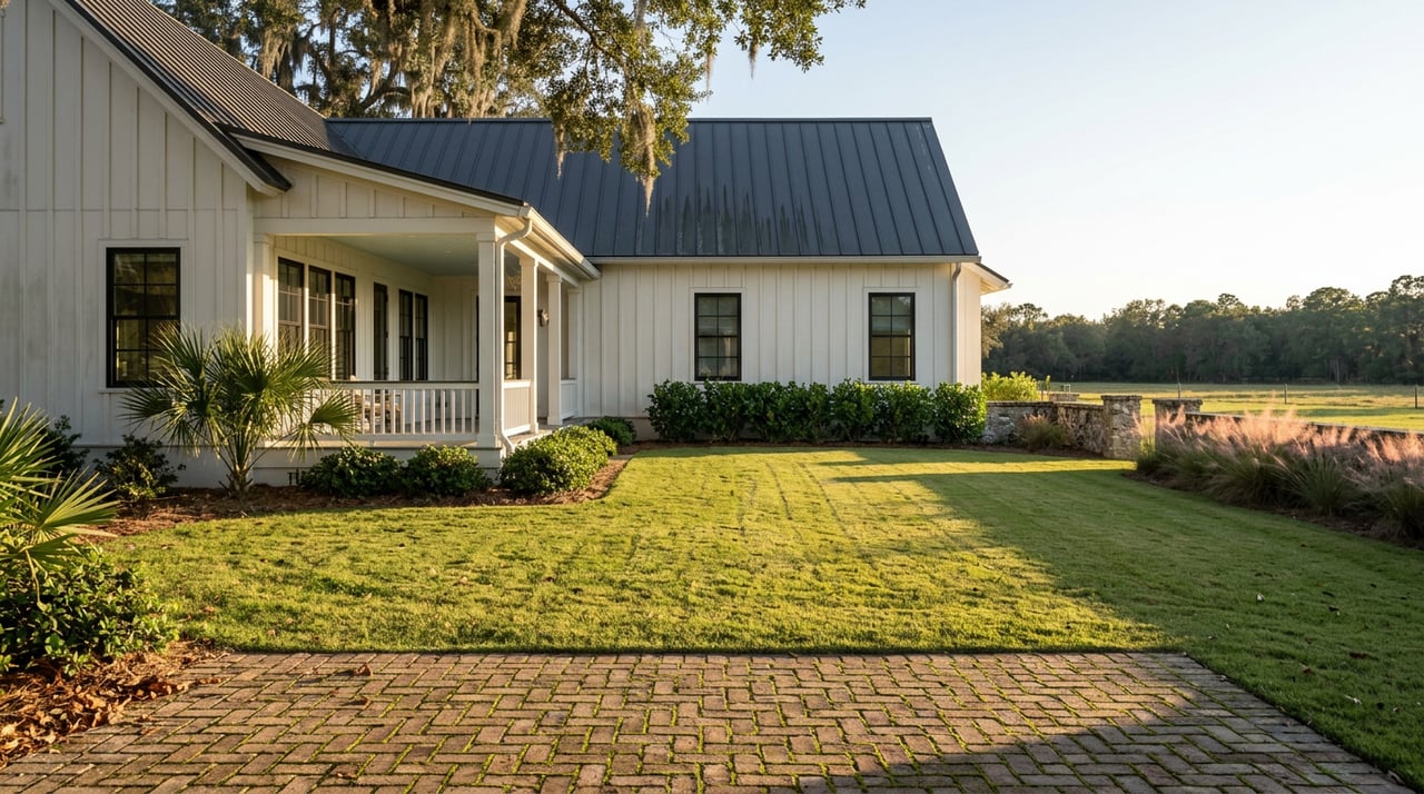 White farmhouse overlooks brick terrace, broad lawn, and stone-walled pasture beneath a live oak.