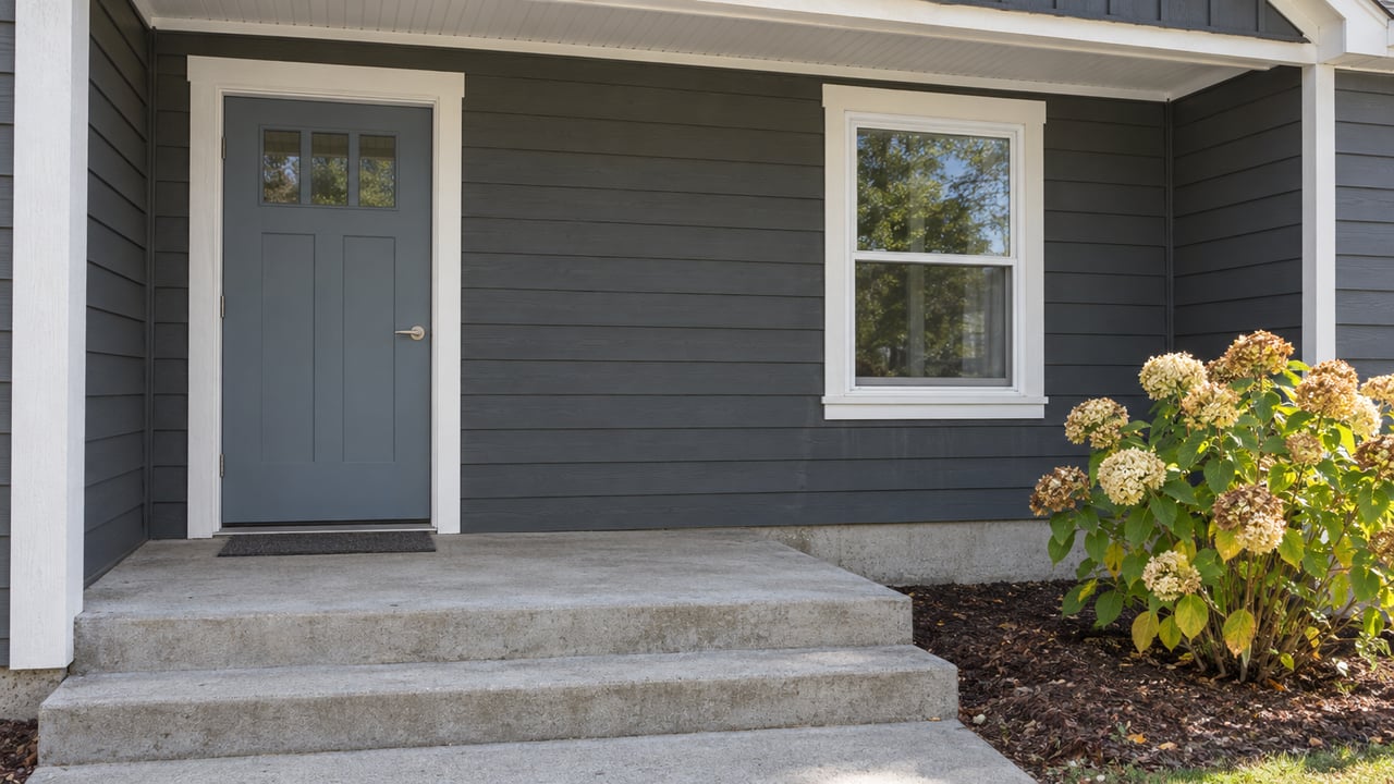 Close view of a blue-gray front door, white-trimmed window and concrete porch steps on a charcoal-sided home.