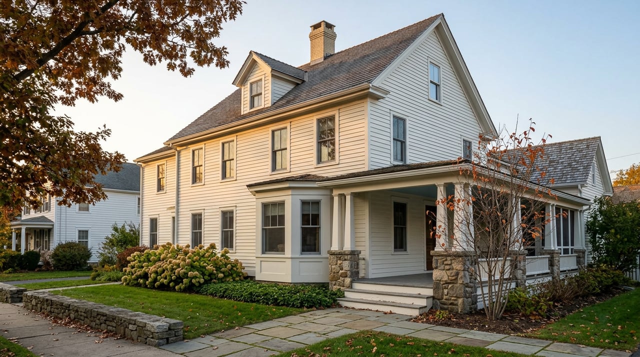 Historic white clapboard house with wraparound porch, cedar-shake gable roof, brick chimney, and autumn garden.