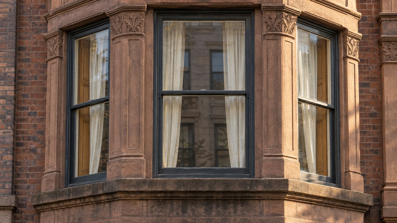 Late sunlight grazes a carved sandstone residential bay with three charcoal-framed windows and ivory curtains.