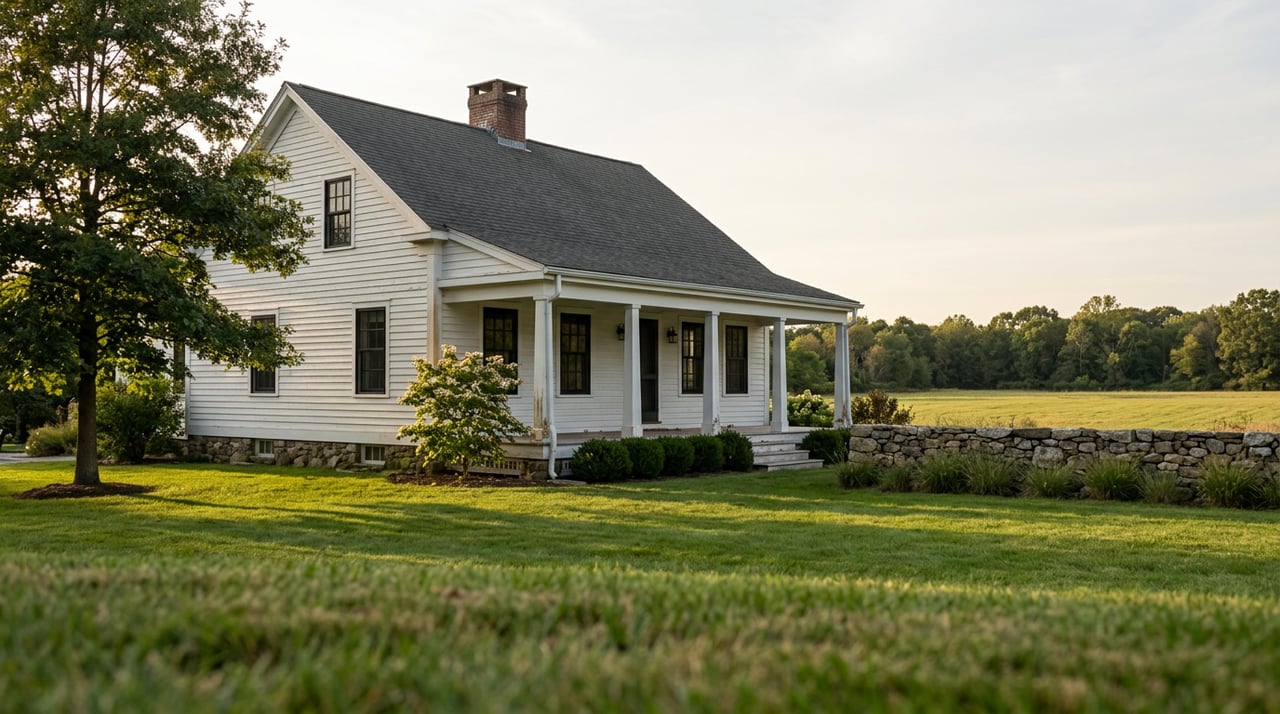 White clapboard home with a covered porch beside a stone wall and open hayfield.