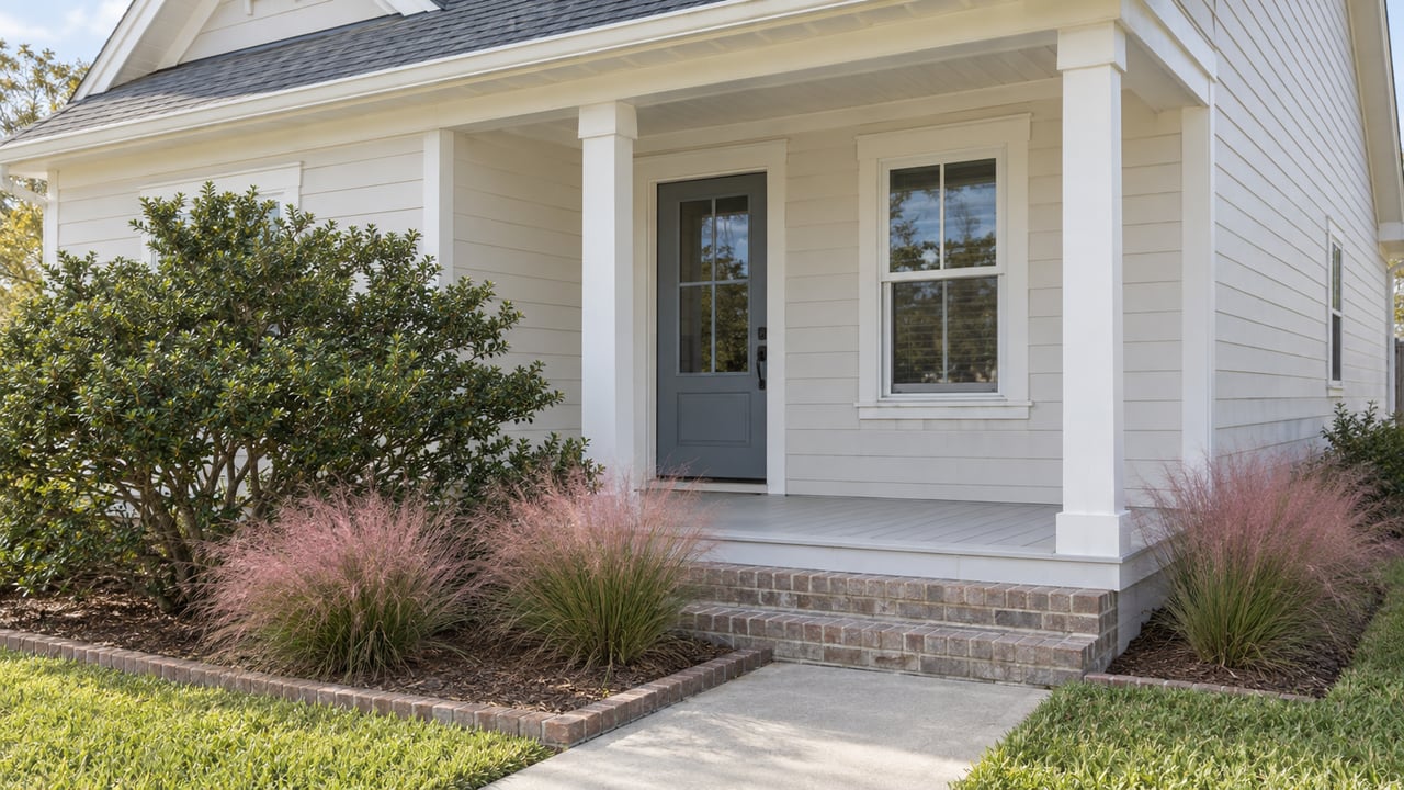 Compact coastal house with a covered entry, yaupon holly, pink muhly grass, and a concrete approach.