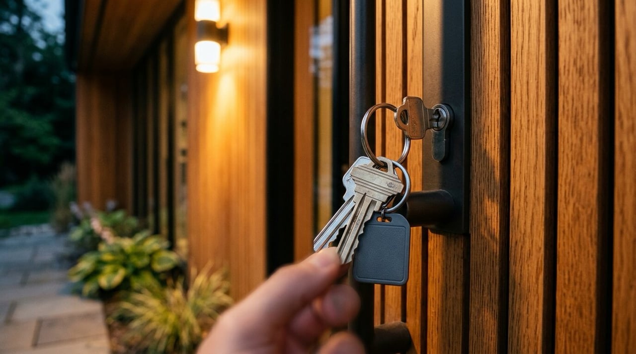 House keys held up at a modern front door, buying a home in Austin