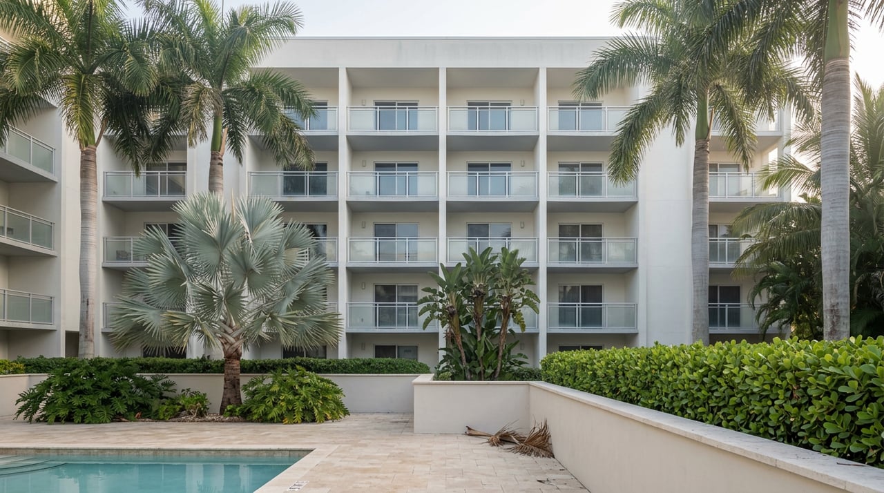 Six-story coastal condominium with stacked glass balconies overlooking a turquoise pool courtyard framed by palms.