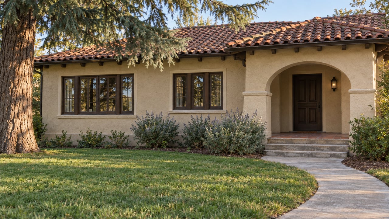 A sand-colored stucco bungalow with a clay tile roof and recessed arched porch, seen across a deep lawn beside a mature deodar cedar.