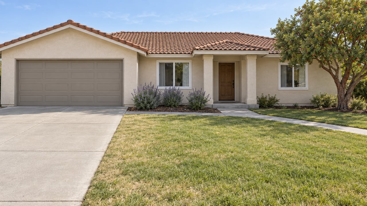 Single-story ivory stucco home with a clay-tile roof, attached garage, broad front lawn and a shaded entrance.