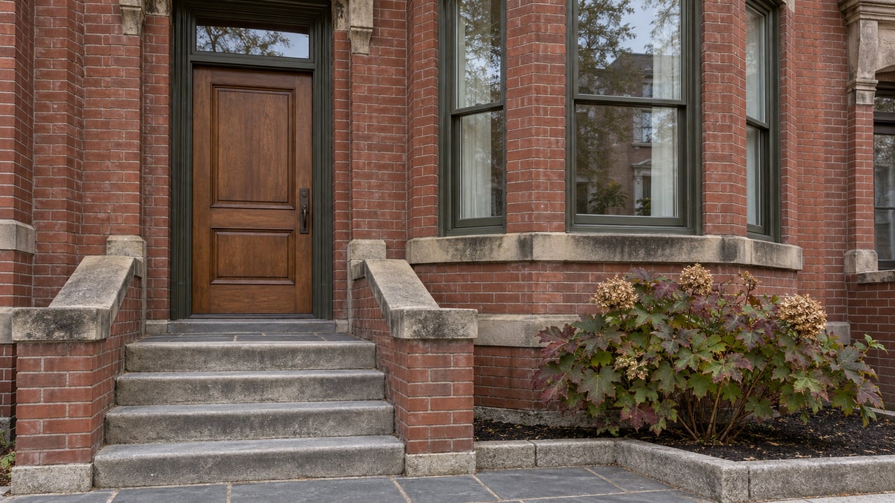 Weathered red brick home with olive-painted bay windows, a walnut entrance door, stone steps and an oakleaf hydrangea.