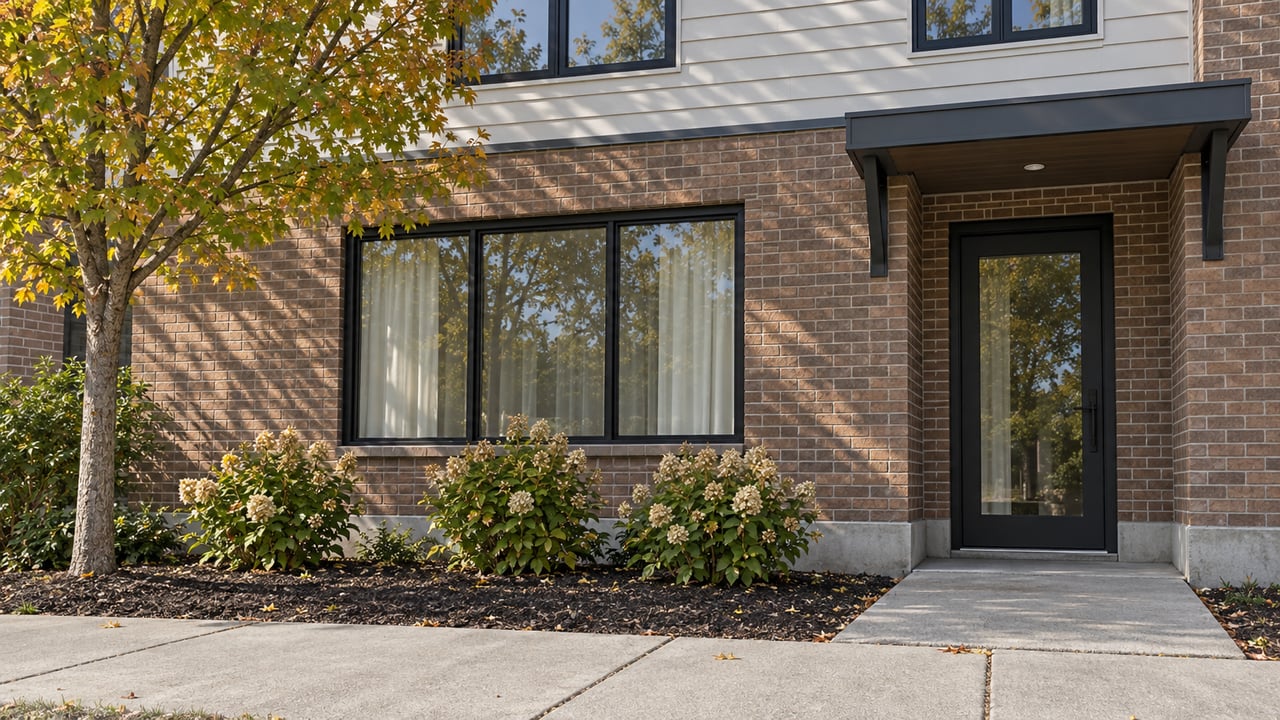 Brown brick and off-white siding apartment facade with black-framed windows, a recessed glass entry, a concrete sidewalk and autumn planting.