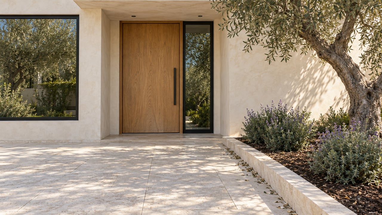 Detached home entry with an oak door, black-framed windows, and an olive tree beside the limestone approach.