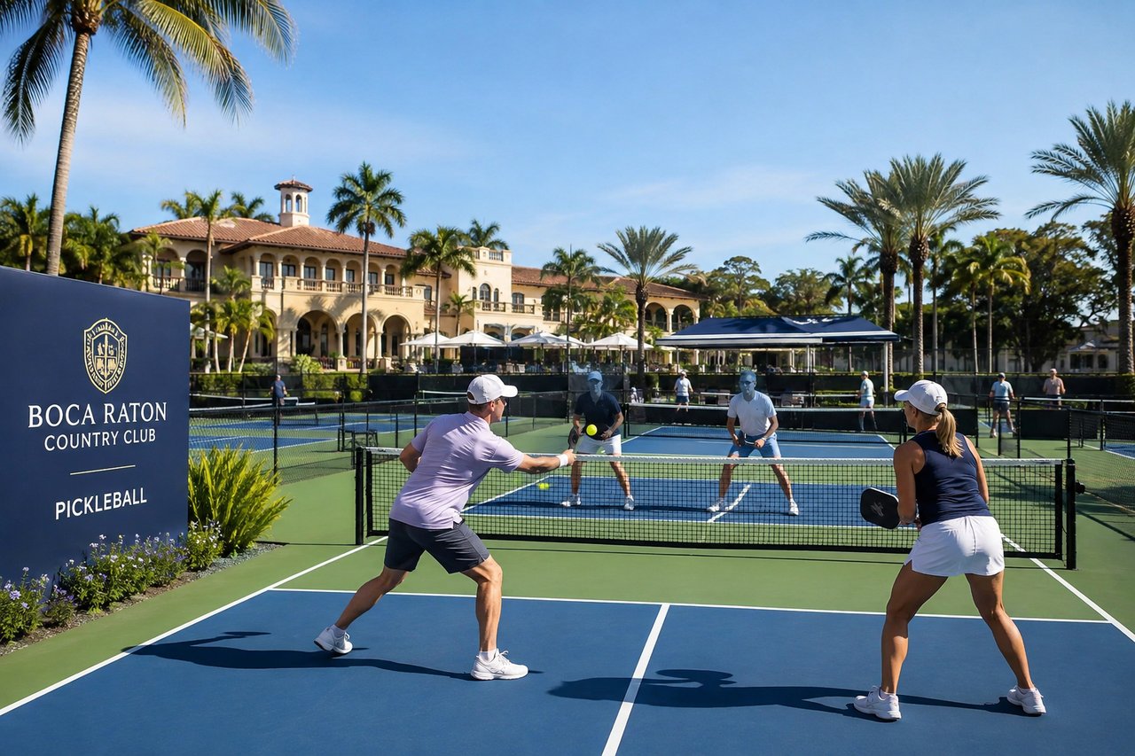 Pickleball players competing on luxury courts at a Boca Raton country club surrounded by palm trees and a Mediterranean-style clubhouse.