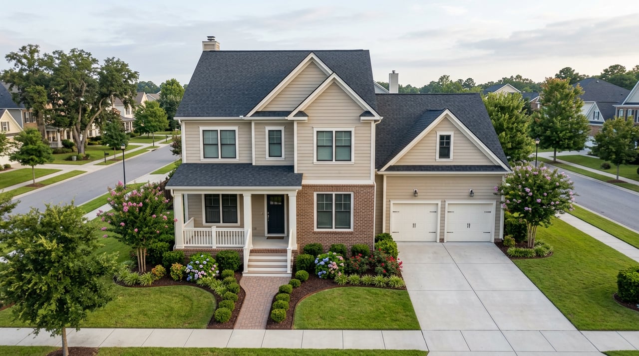 Two-story suburban home with beige siding, brick lower facade, white porch, and attached double garage.