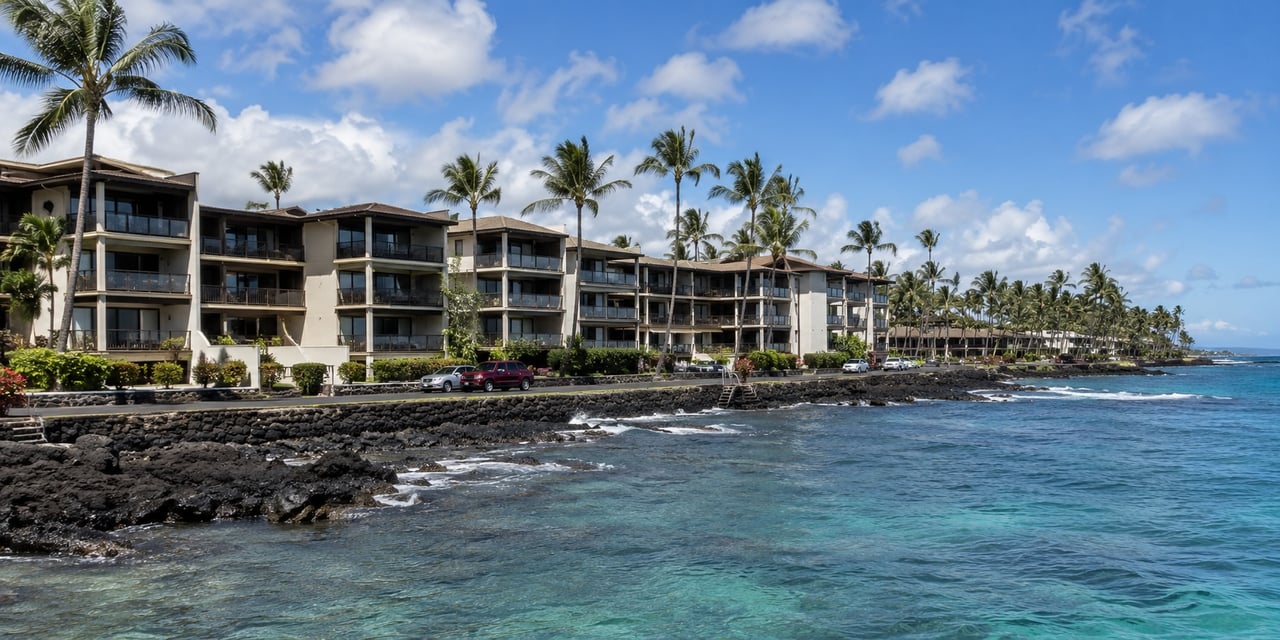 Oceanfront condominium complexes along Ali'i Drive in Kailua-Kona, many of which are leasehold properties