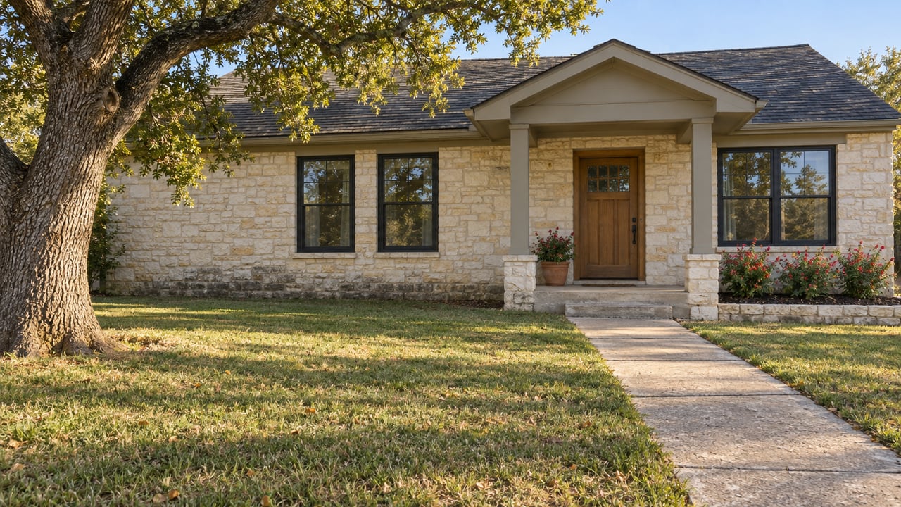 A single-story limestone home with a shaded timber porch, mature oak, and deep front lawn in warm autumn afternoon light.