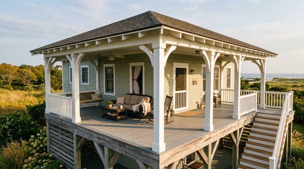 Covered coastal porch beneath a live oak, with brick piers, a fern planter, and long column shadows.
