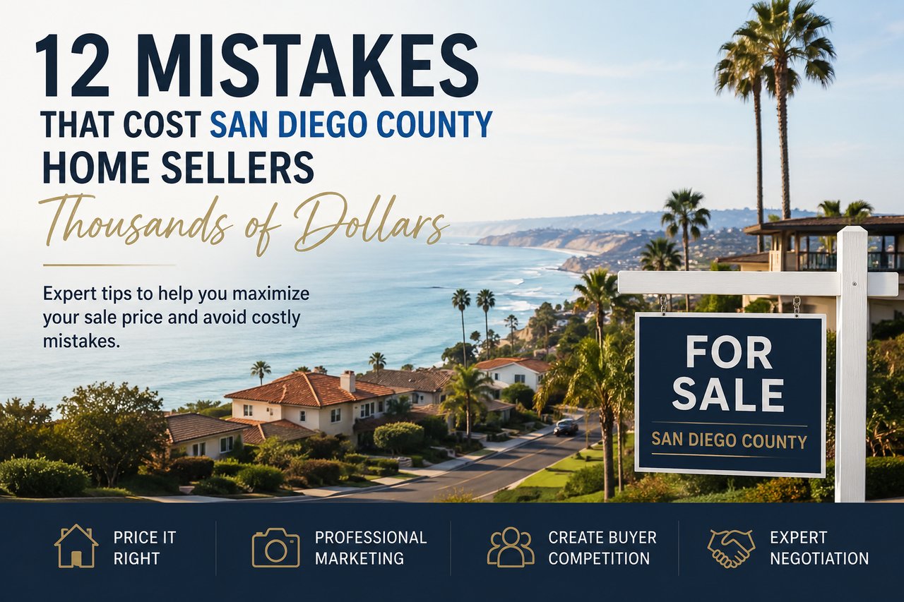 Luxury homes overlooking the Pacific Ocean in San Diego County with a for-sale sign, illustrating expert home selling strategies that help homeowners avoid costly mistakes, maximize their sale price, create buyer competition, and negotiate the highest possible price.