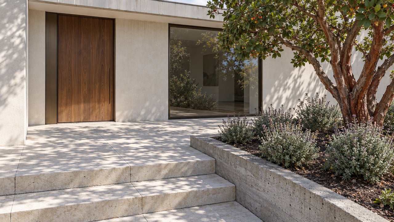 Contemporary stucco home with a walnut entry door, bronze-framed window, limestone steps and a strawberry tree in a raised concrete planting bed.