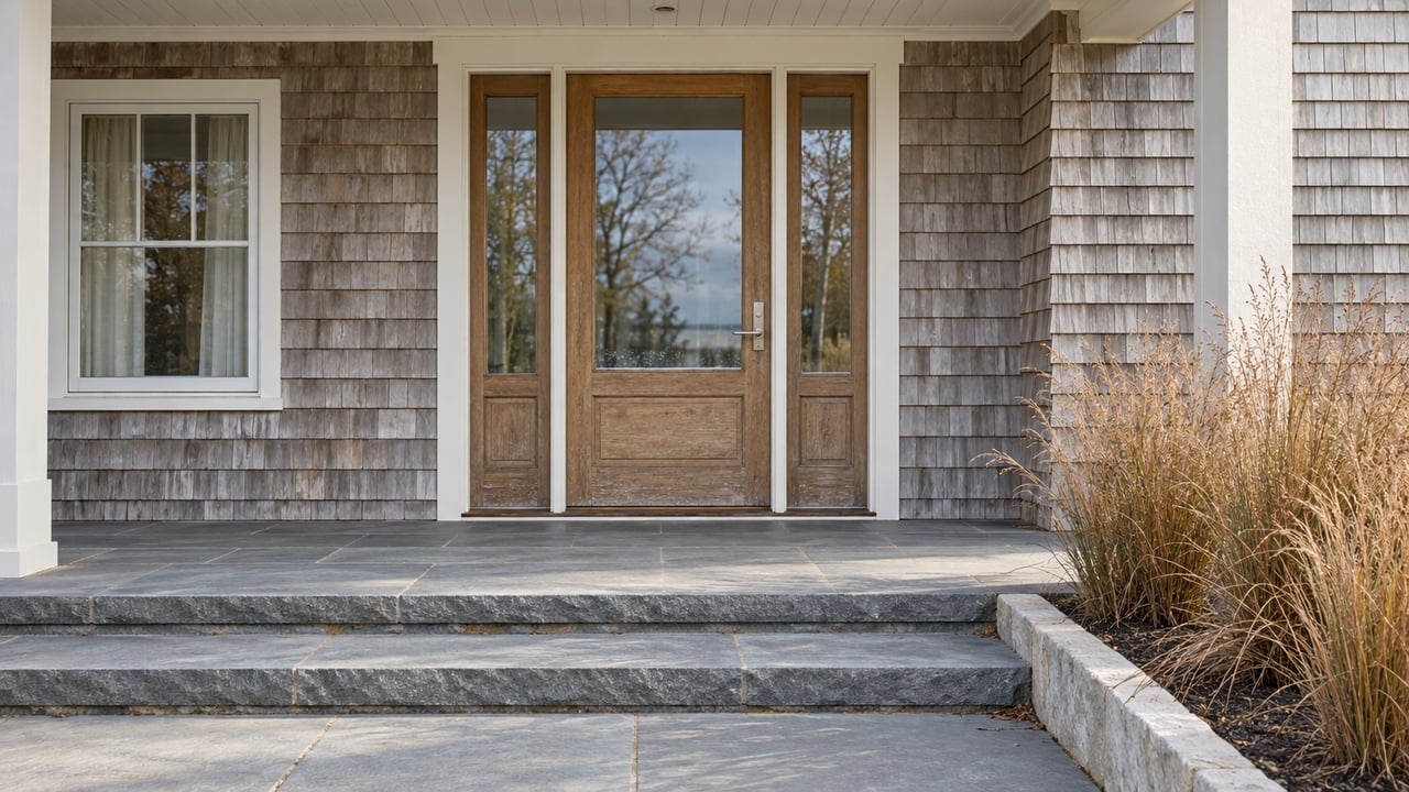 A silver-gray cedar-shingled home entrance with an oak glazed door, matching sidelights, bluestone steps, and tawny switchgrass.
