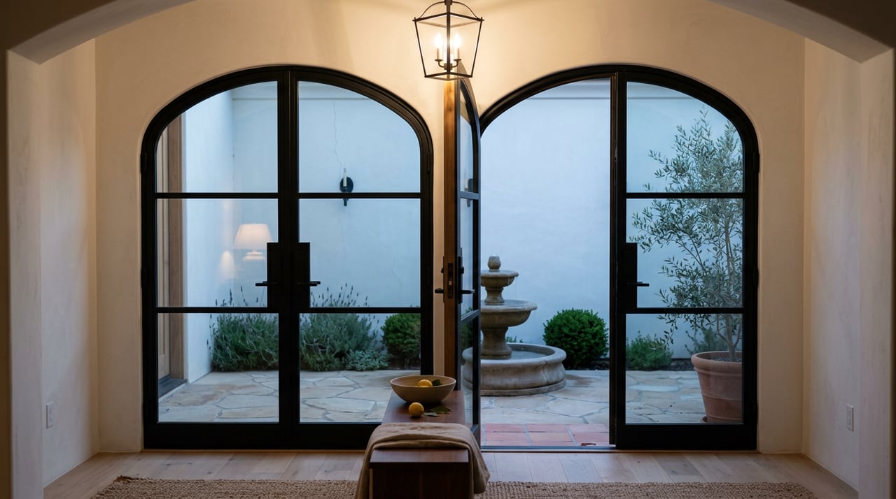 Arched glass doors frame a blue-hour courtyard with a tiered fountain, potted olive tree, and stucco wall.