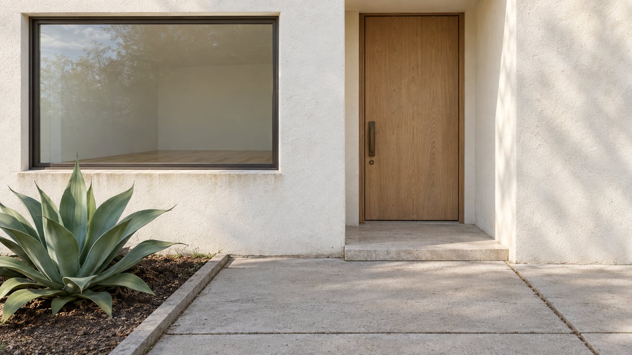 Warm-white plaster home entry with a closed oak door, broad window, concrete approach, and a single agave.