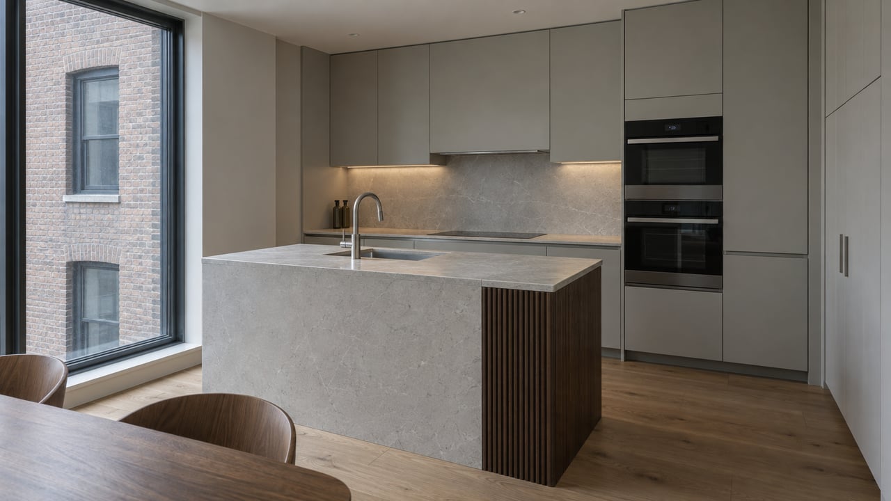 Modern condo kitchen with a pale stone island, gray cabinets, and a closed window overlooking a brick facade.