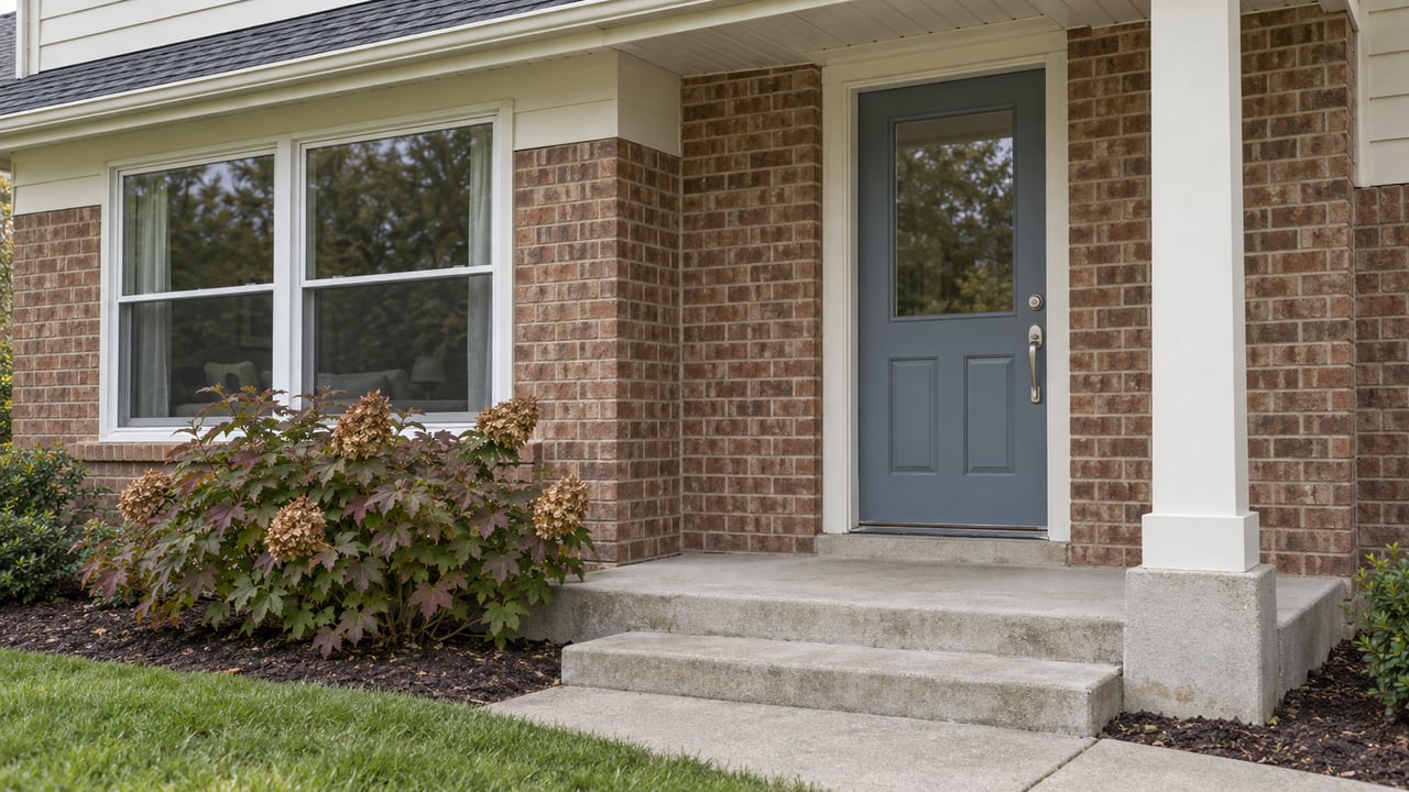 A covered home entry with a blue-gray door, red-brown brick, ivory siding and a burgundy-leaved oakleaf hydrangea beside concrete steps.