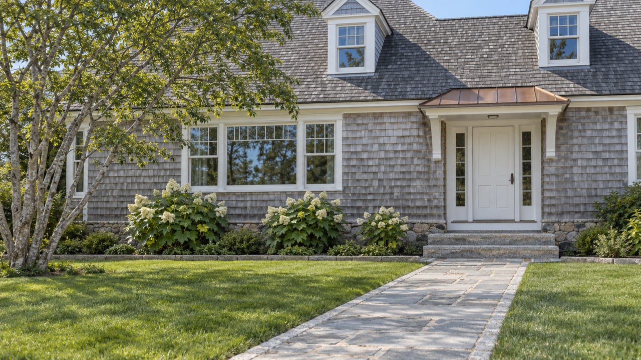 Silver-gray cedar-shingle home with white dormers, a granite garden path and flowering hydrangeas.