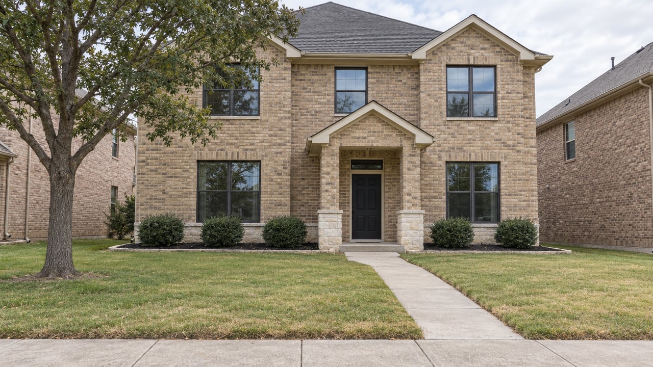An established brick home with a deep front lawn, a mature oak, and a shaded recessed entry in soft daylight.