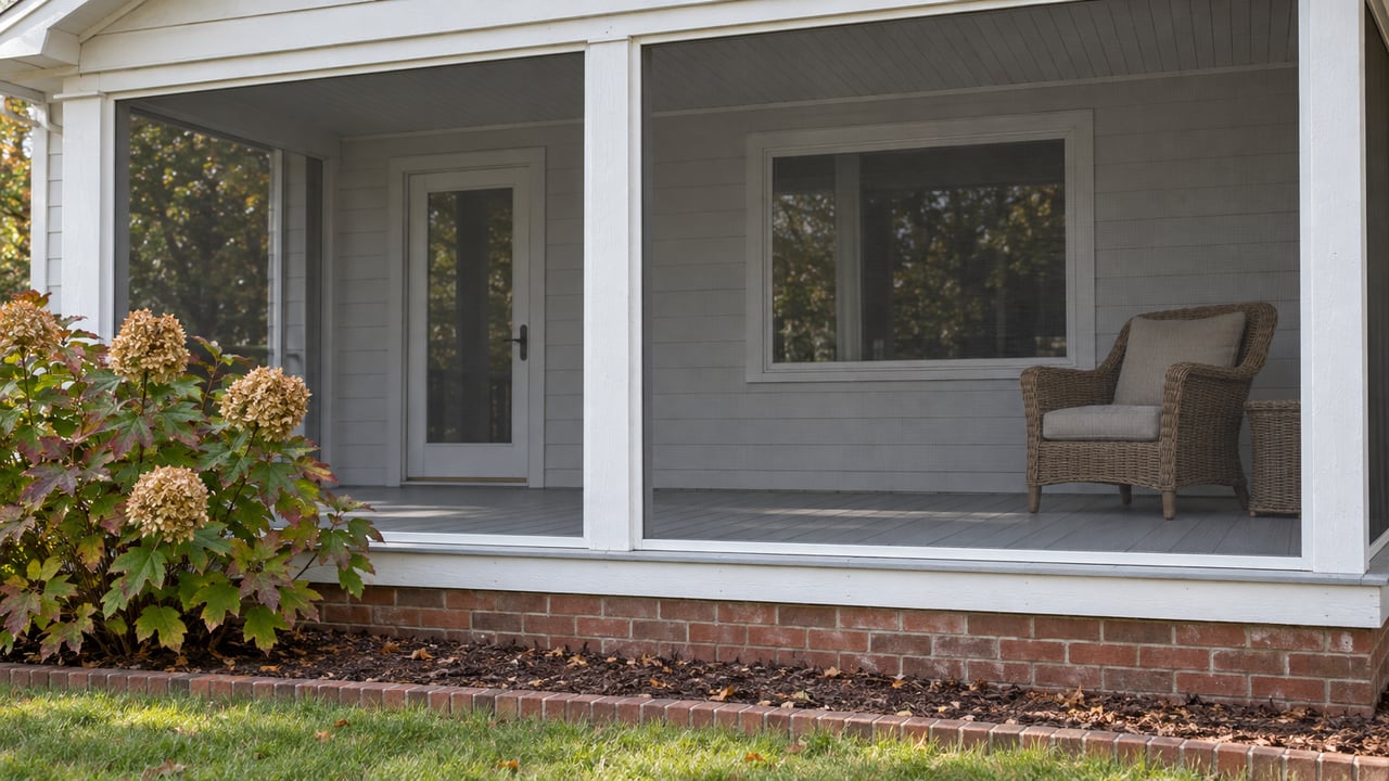 White timber screened porch with a woven chair, brick foundation and oakleaf hydrangea in an edged garden bed.