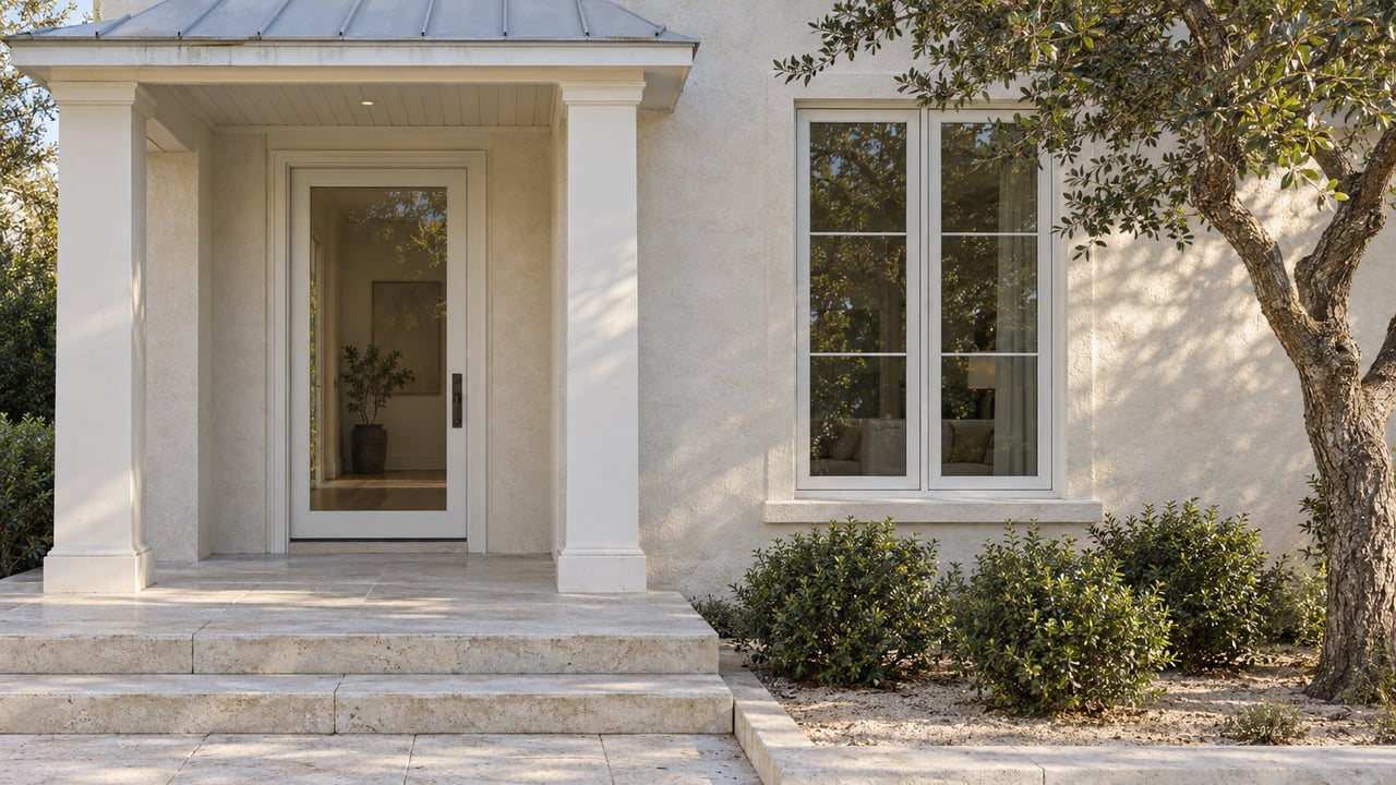 Ivory stucco home with a covered glazed entry, white-trimmed window, limestone steps and a sculptural sand live oak.