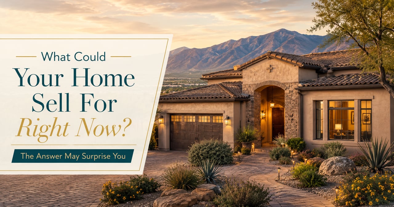 Prescott Valley home at sunset with text about what your home could sell for right now