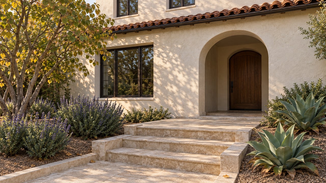 Cream stucco home with a shaded arched oak entrance, clay roof tiles and limestone steps framed by drought-tolerant planting.